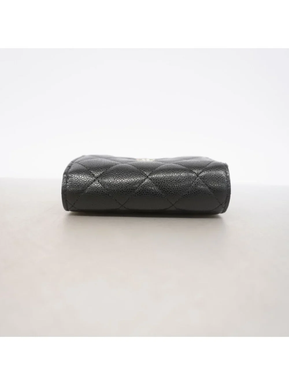 Chanel Trifold Wallet Quilted Caviar Leather Black Champagne Gold